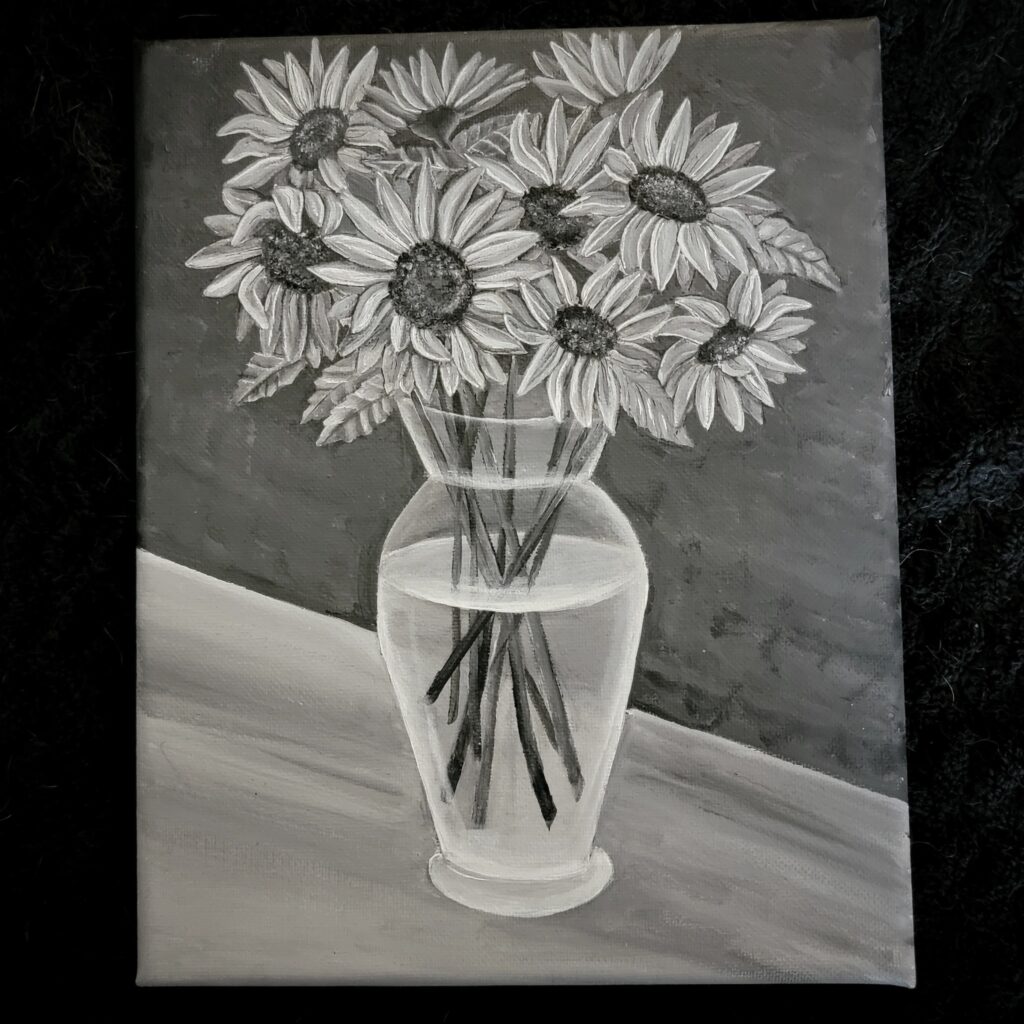 Grayscale Daisies daisy in a vase black and white easy acrylic art Maxine Meadowcroft contemporary daisy painting