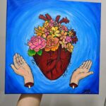 maxine meadowcroft original painting art anatomical heart with severed hands gothic with flowers medical anatomical beating colorful flowers