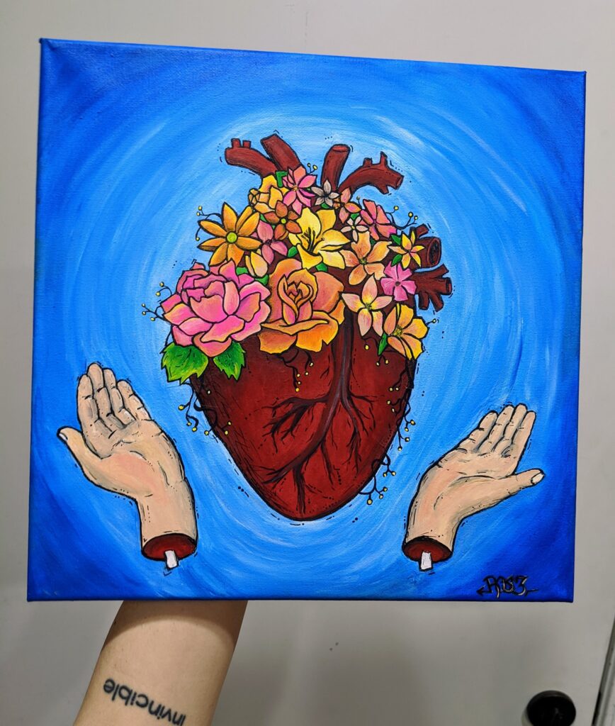 maxine meadowcroft original painting art anatomical heart with severed hands gothic with flowers medical anatomical beating colorful flowers
